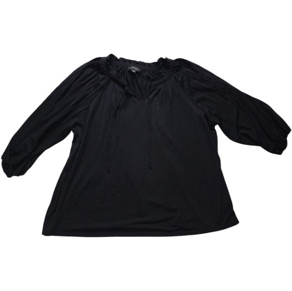 Investments Black Pleated Balloon Sleeve Blouse Top Size L Adjustable Neckline - Picture 2 of 8